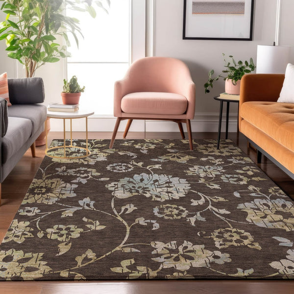 HomeRoots 10' Washable Area Rug in Chocolate Gray & Beige Floral Design - UV Protected & Stain Resistant! 667903