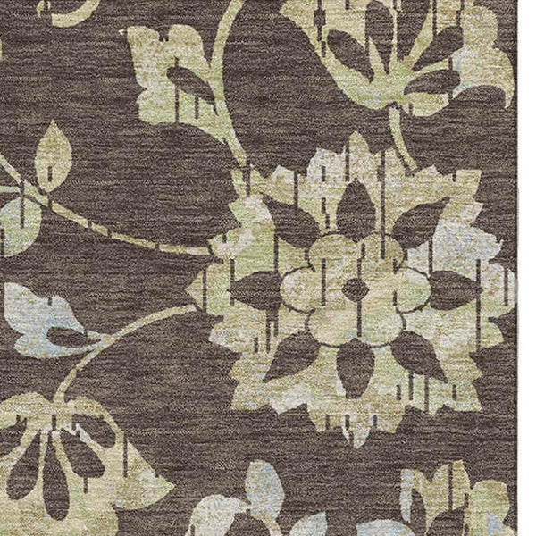 HomeRoots 10' Washable Area Rug in Chocolate Gray & Beige Floral Design - UV Protected & Stain Resistant! 667903