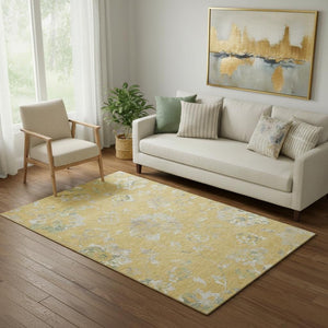 HomeRoots 5' X 8' Gold and Silver Floral Area Rug - Durable, Washable, UV Protected for Stylish Home Décor 667905