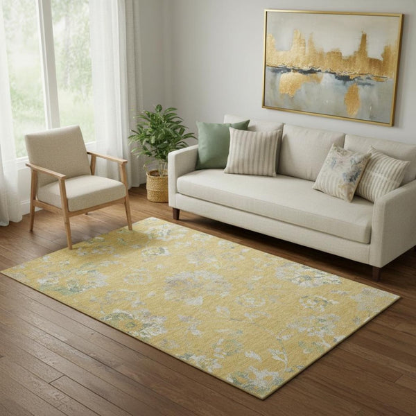 HomeRoots 5' X 8' Gold and Silver Floral Area Rug - Durable, Washable, UV Protected for Stylish Home Décor 667905