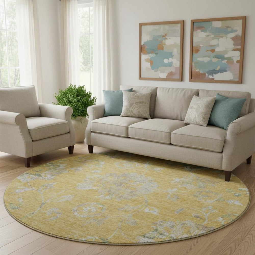 HomeRoots 8' Gold & Silver Floral Round Rug – Washable, UV-Protected, Stain-Resistant for Busy Homes 667906