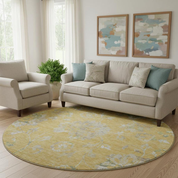 HomeRoots 8' Gold & Silver Floral Round Rug – Washable, UV-Protected, Stain-Resistant for Busy Homes 667906
