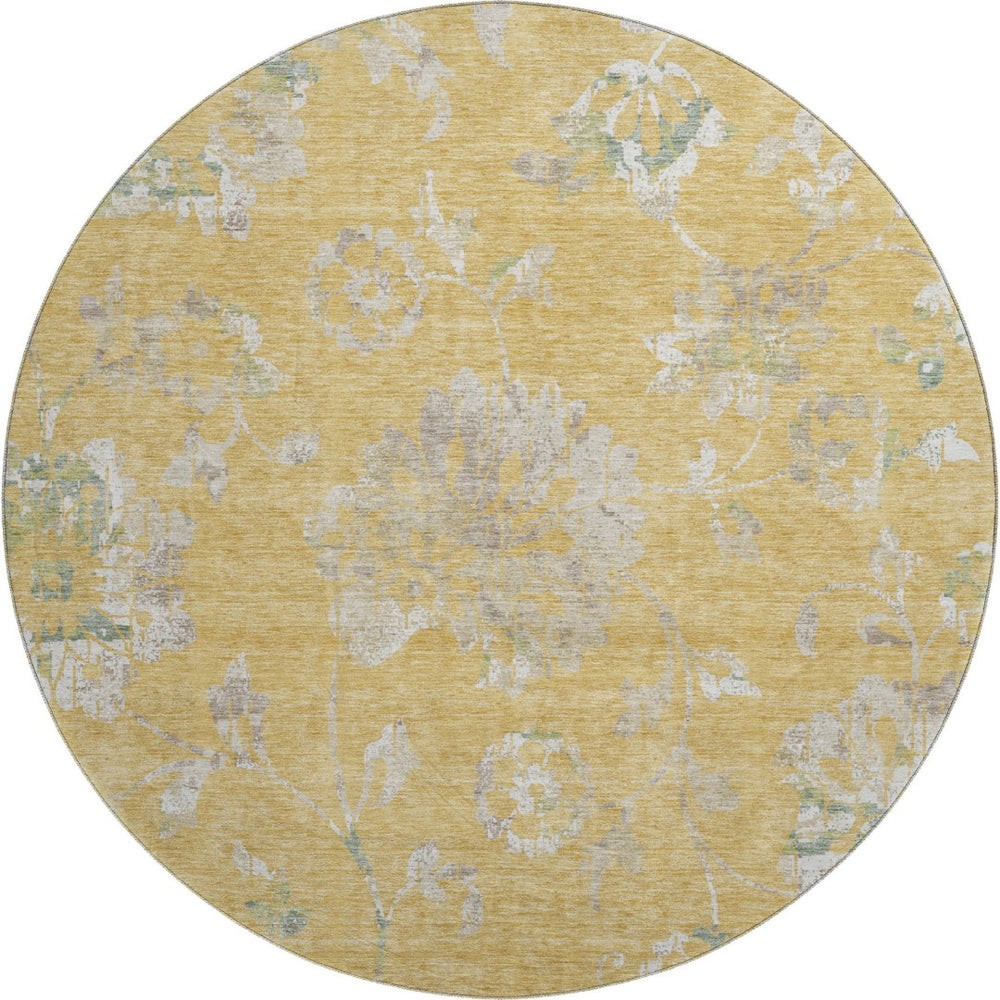 HomeRoots 8' Gold & Silver Floral Round Rug – Washable, UV-Protected, Stain-Resistant for Busy Homes 667906