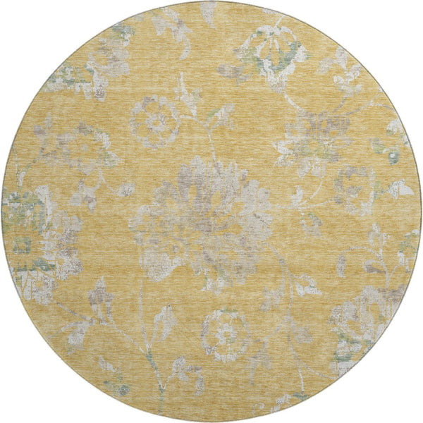 HomeRoots 8' Gold & Silver Floral Round Rug – Washable, UV-Protected, Stain-Resistant for Busy Homes 667906