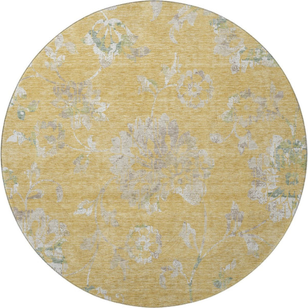 HomeRoots 8' Gold & Silver Floral Round Rug – Washable, UV-Protected, Stain-Resistant for Busy Homes 667906