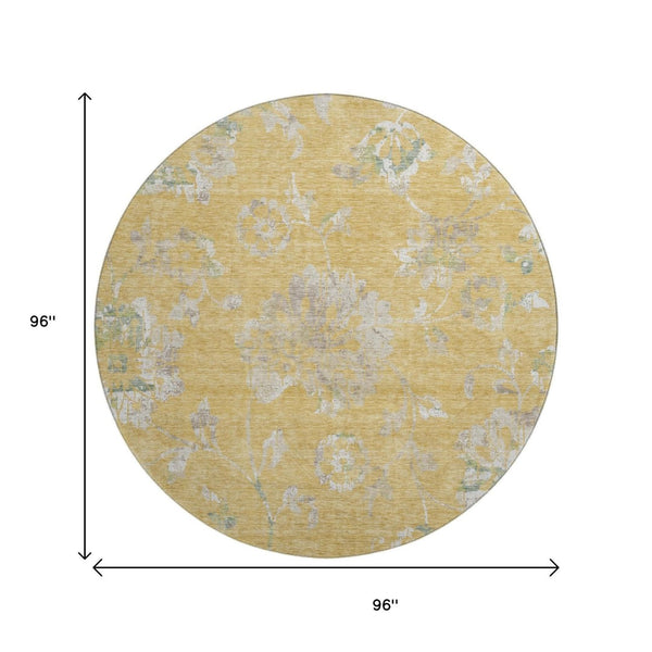 HomeRoots 8' Gold & Silver Floral Round Rug – Washable, UV-Protected, Stain-Resistant for Busy Homes 667906