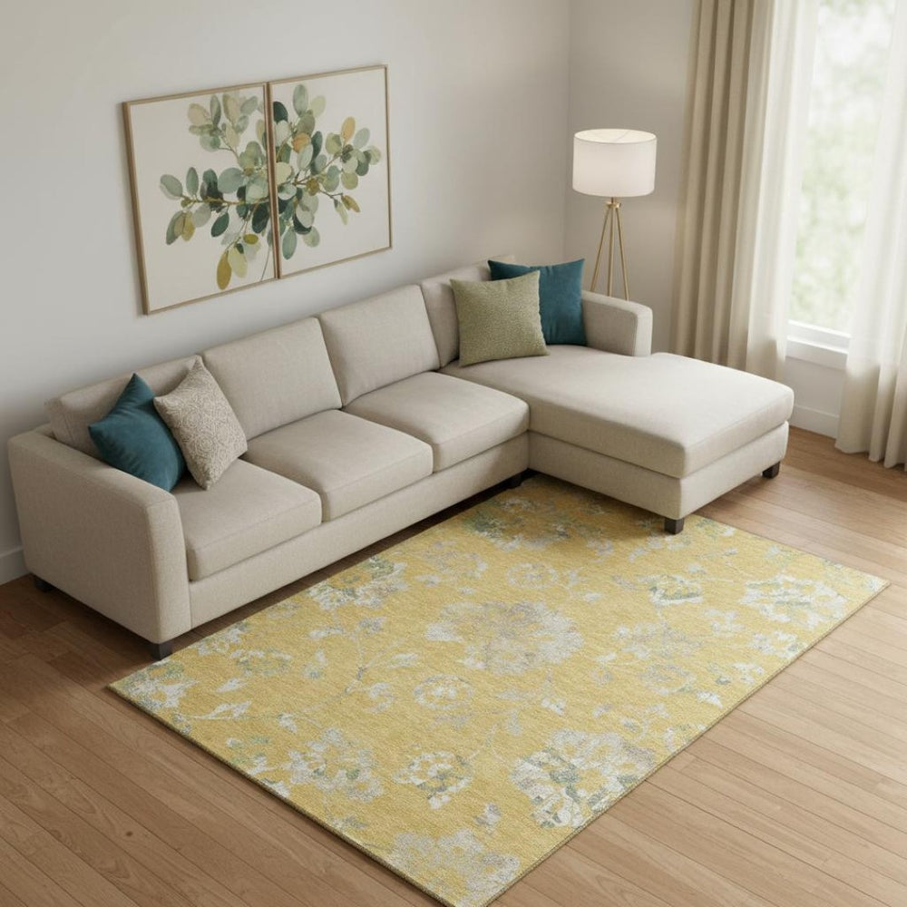 HomeRoots 8' X 10' Floral Area Rug in Gold & Silver – Washable, Stain Resistant, UV Protected for Busy Homes 667907