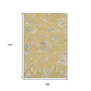 HomeRoots 9' X 12' Gold and Silver Floral Area Rug - Washable, UV Protected, Stain Resistant for Family Homes 667908