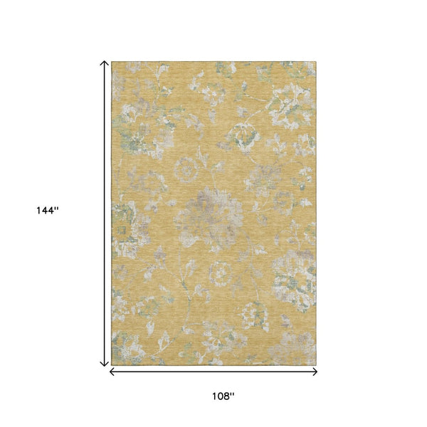 HomeRoots 9' X 12' Gold and Silver Floral Area Rug - Washable, UV Protected, Stain Resistant for Family Homes 667908