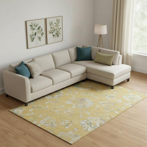 HomeRoots 9' X 12' Gold and Silver Floral Area Rug - Washable, UV Protected, Stain Resistant for Family Homes 667908