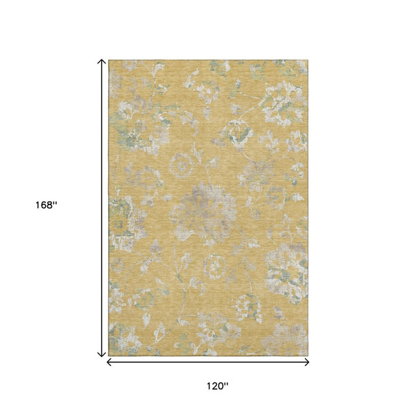 HomeRoots 10' X 14' Gold and Silver Floral Area Rug – Elegant, Washable, UV-Protected for High-Traffic Spaces 667909