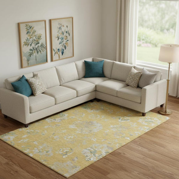 HomeRoots 10' X 14' Gold and Silver Floral Area Rug – Elegant, Washable, UV-Protected for High-Traffic Spaces 667909