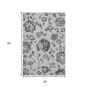 HomeRoots 5' X 8' Gray and Charcoal Floral Area Rug - Washable, UV Protected, Perfect for Kids and Pets! 667911