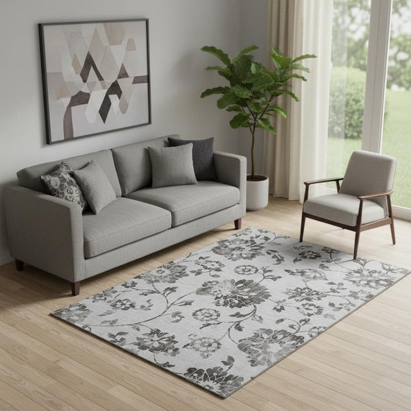 HomeRoots 5' X 8' Gray and Charcoal Floral Area Rug - Washable, UV Protected, Perfect for Kids and Pets! 667911