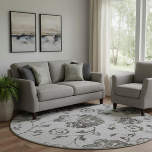 HomeRoots 8' Gray and Charcoal Floral Washable Round Rug - Durable, Stain-Resistant, UV Protected for Any Room 667912
