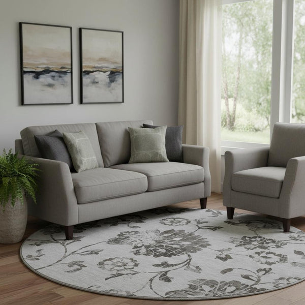 HomeRoots 8' Gray and Charcoal Floral Washable Round Rug - Durable, Stain-Resistant, UV Protected for Any Room 667912