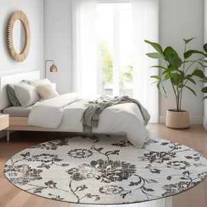 HomeRoots 8' Gray and Charcoal Floral Washable Round Rug - Durable, Stain-Resistant, UV Protected for Any Room 667912
