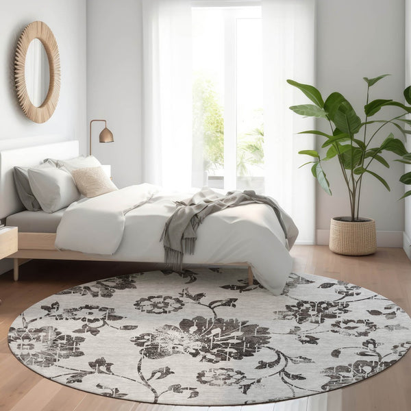 HomeRoots 8' Gray and Charcoal Floral Washable Round Rug - Durable, Stain-Resistant, UV Protected for Any Room 667912