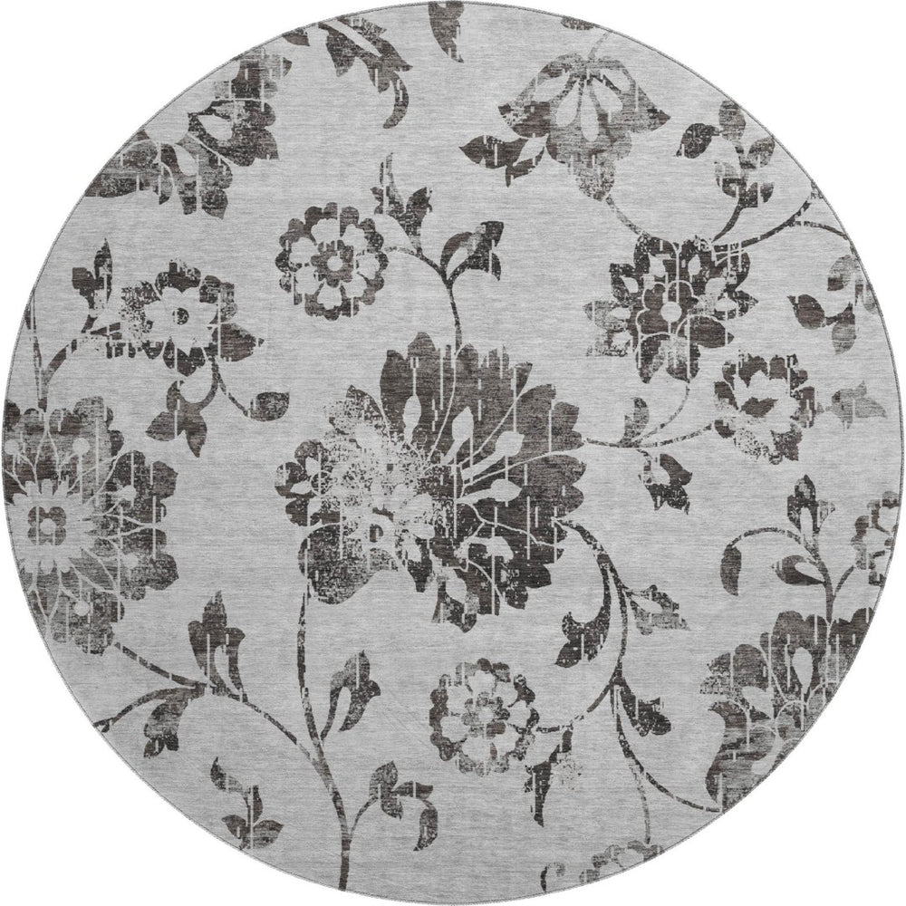 HomeRoots 8' Gray and Charcoal Floral Washable Round Rug - Durable, Stain-Resistant, UV Protected for Any Room 667912