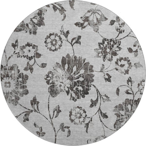 HomeRoots 8' Gray and Charcoal Floral Washable Round Rug - Durable, Stain-Resistant, UV Protected for Any Room 667912