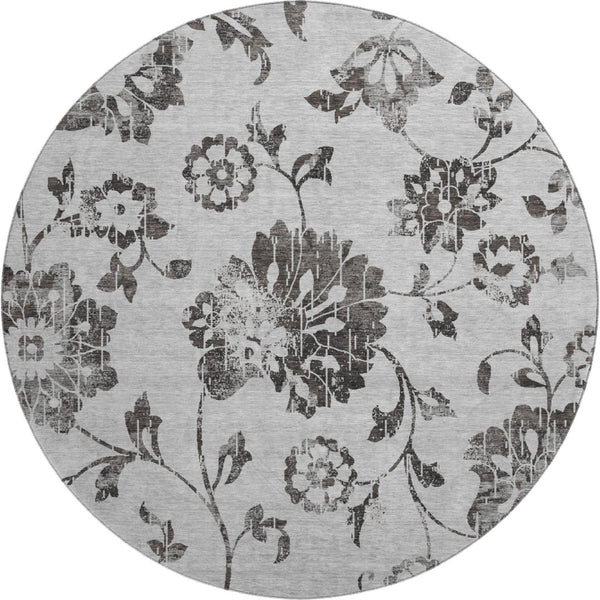HomeRoots 8' Gray and Charcoal Floral Washable Round Rug - Durable, Stain-Resistant, UV Protected for Any Room 667912