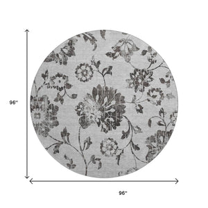 HomeRoots 8' Gray and Charcoal Floral Washable Round Rug - Durable, Stain-Resistant, UV Protected for Any Room 667912