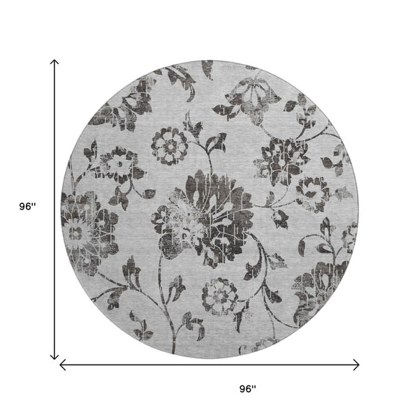 HomeRoots 8' Gray and Charcoal Floral Washable Round Rug - Durable, Stain-Resistant, UV Protected for Any Room 667912
