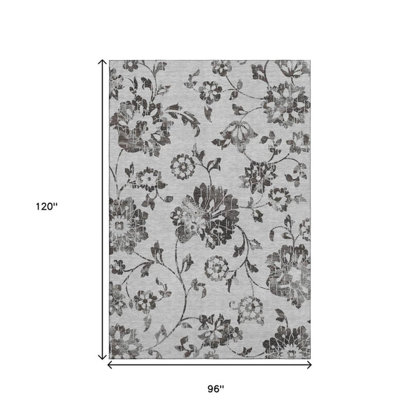 HomeRoots 8' X 10' Gray Charcoal Floral Area Rug - Washable, UV-Protected, Stain-Resistant for Any Space 667913