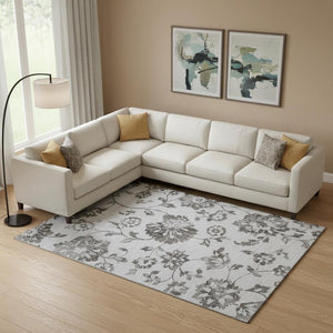 HomeRoots 8' X 10' Gray Charcoal Floral Area Rug - Washable, UV-Protected, Stain-Resistant for Any Space 667913