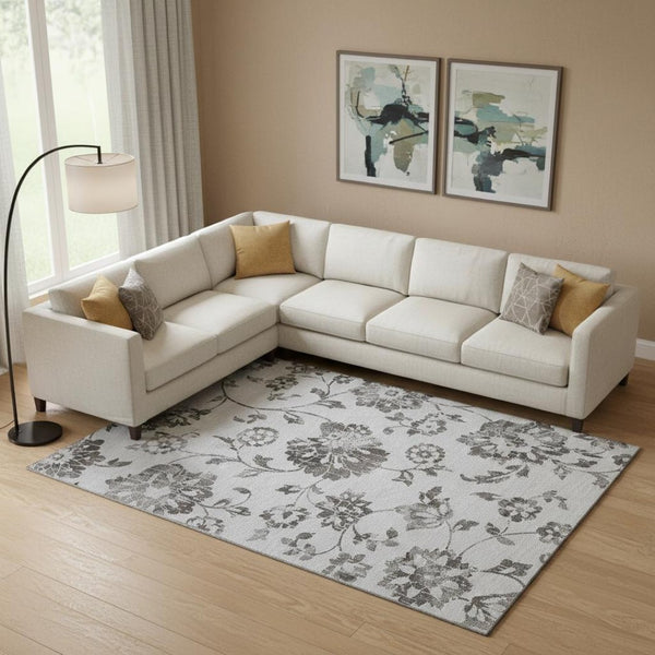 HomeRoots 8' X 10' Gray Charcoal Floral Area Rug - Washable, UV-Protected, Stain-Resistant for Any Space 667913