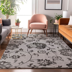 HomeRoots 8' X 10' Gray Charcoal Floral Area Rug - Washable, UV-Protected, Stain-Resistant for Any Space 667913