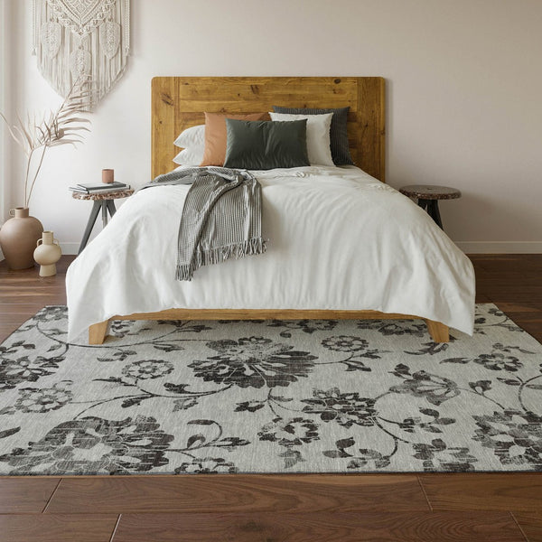 HomeRoots 8' X 10' Gray Charcoal Floral Area Rug - Washable, UV-Protected, Stain-Resistant for Any Space 667913