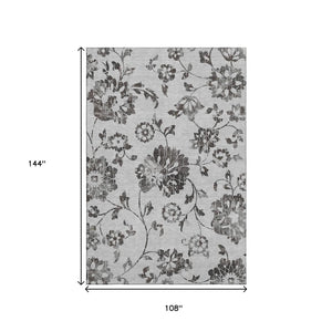 HomeRoots 9' X 12' Gray and Charcoal Floral Area Rug - Washable, UV-Protected, Durable for High-Traffic Spaces 667914