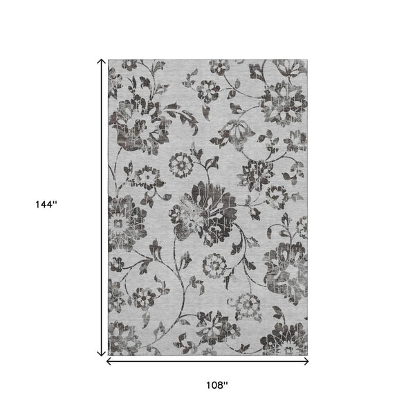HomeRoots 9' X 12' Gray and Charcoal Floral Area Rug - Washable, UV-Protected, Durable for High-Traffic Spaces 667914