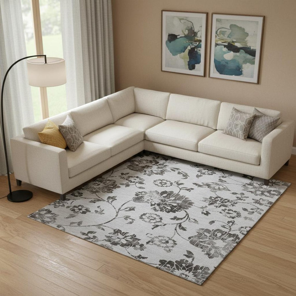 HomeRoots 9' X 12' Gray and Charcoal Floral Area Rug - Washable, UV-Protected, Durable for High-Traffic Spaces 667914