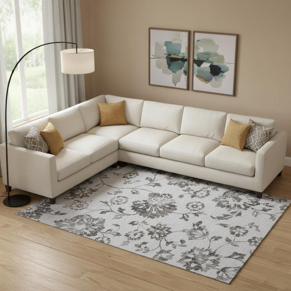 HomeRoots 10' X 14' Gray & Charcoal Floral Washable Area Rug - Durable, UV-Protected, Ideal for Homes with Kids & Pets 667915