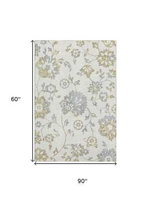 HomeRoots 5' X 8' Ivory Gray Gold Floral Area Rug - Washable, Stain-Resistant, UV Protected for Any Space 667917