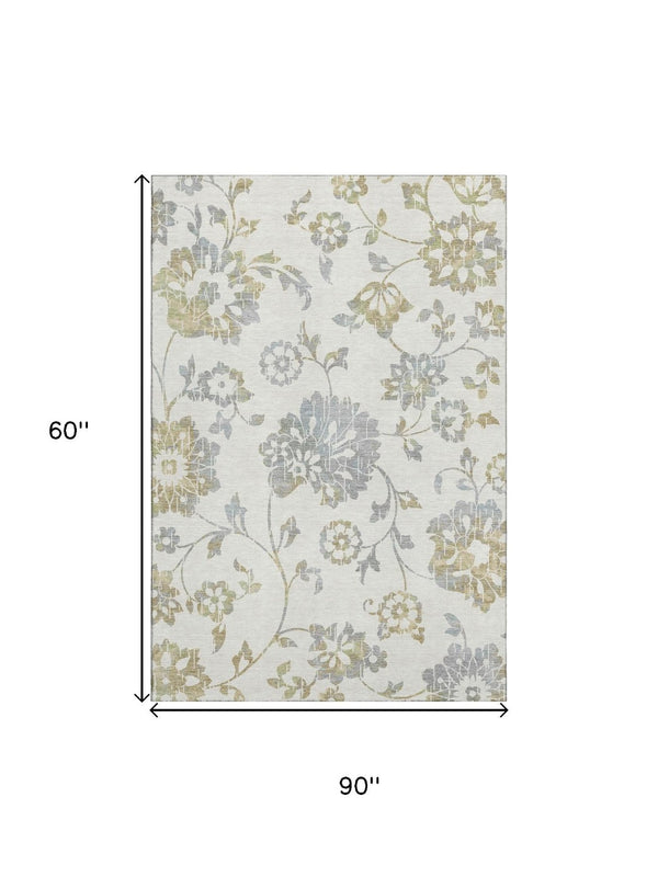 HomeRoots 5' X 8' Ivory Gray Gold Floral Area Rug - Washable, Stain-Resistant, UV Protected for Any Space 667917