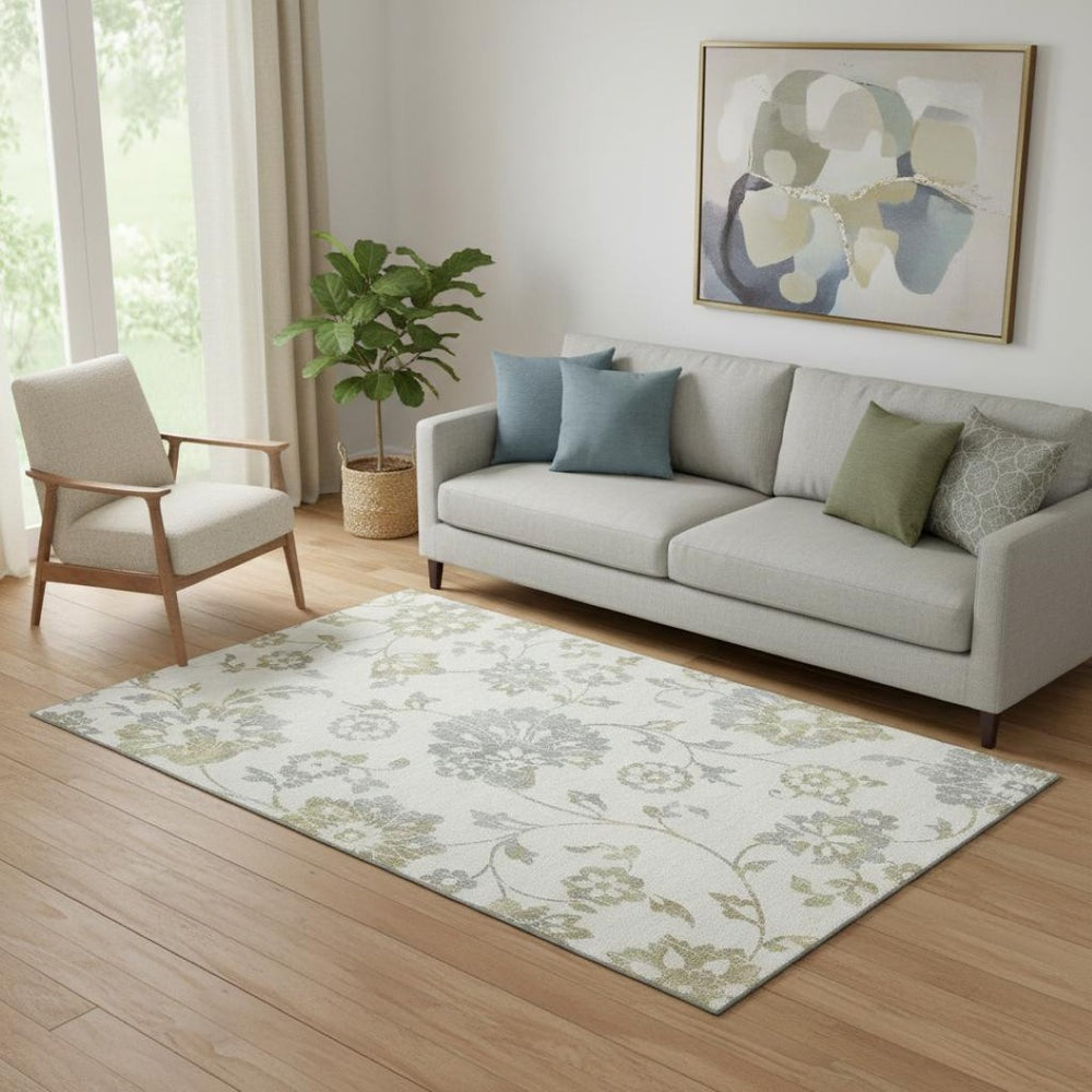 HomeRoots 5' X 8' Ivory Gray Gold Floral Area Rug - Washable, Stain-Resistant, UV Protected for Any Space 667917