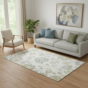 HomeRoots 5' X 8' Ivory Gray Gold Floral Area Rug - Washable, Stain-Resistant, UV Protected for Any Space 667917