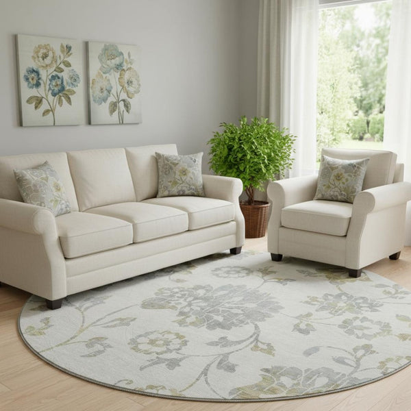 HomeRoots 8' Ivory Gray & Gold Floral Round Rug - Washable, UV Protected, Stain Resistant for Elegant Home Decor 667918