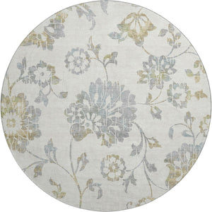 HomeRoots 8' Ivory Gray & Gold Floral Round Rug - Washable, UV Protected, Stain Resistant for Elegant Home Decor 667918