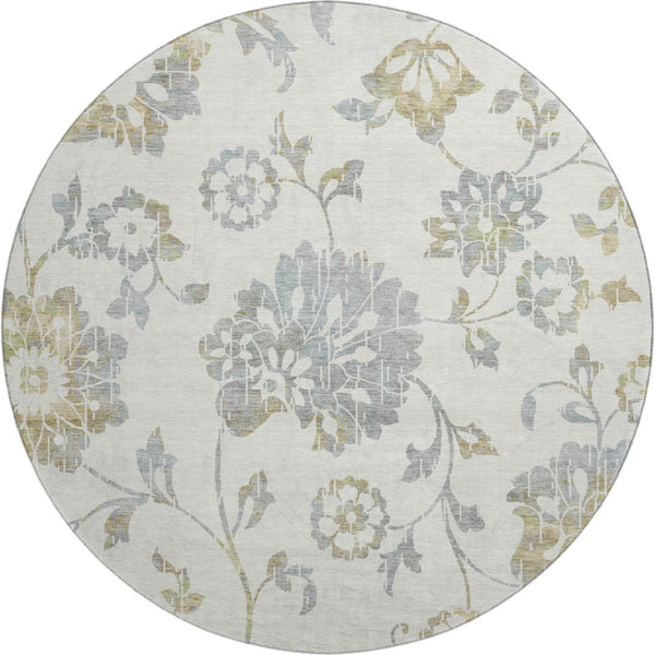 HomeRoots 8' Ivory Gray & Gold Floral Round Rug - Washable, UV Protected, Stain Resistant for Elegant Home Decor 667918