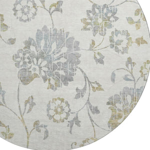 HomeRoots 8' Ivory Gray & Gold Floral Round Rug - Washable, UV Protected, Stain Resistant for Elegant Home Decor 667918
