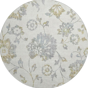 HomeRoots 8' Ivory Gray & Gold Floral Round Rug - Washable, UV Protected, Stain Resistant for Elegant Home Decor 667918