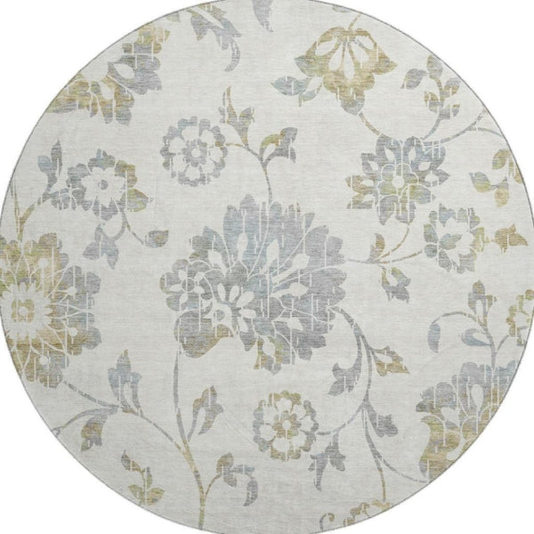 HomeRoots 8' Ivory Gray & Gold Floral Round Rug - Washable, UV Protected, Stain Resistant for Elegant Home Decor 667918