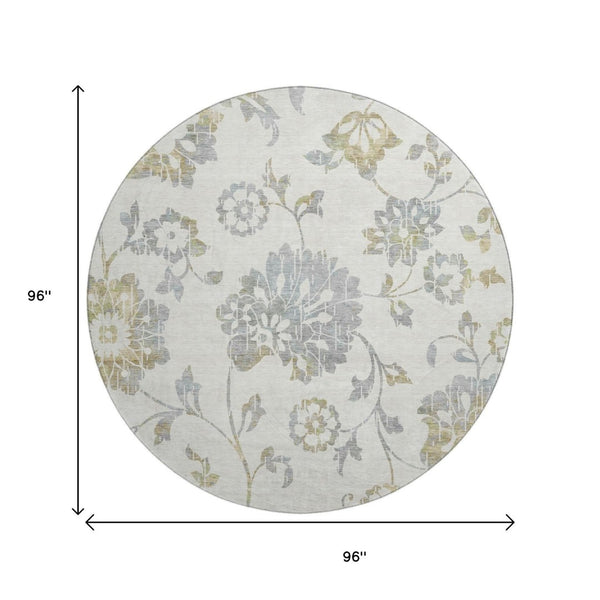 HomeRoots 8' Ivory Gray & Gold Floral Round Rug - Washable, UV Protected, Stain Resistant for Elegant Home Decor 667918