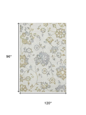 HomeRoots 8' X 10' Ivory Gray Gold Floral Area Rug - Washable, UV Resistant, Durable Design for High-Traffic Areas 667919