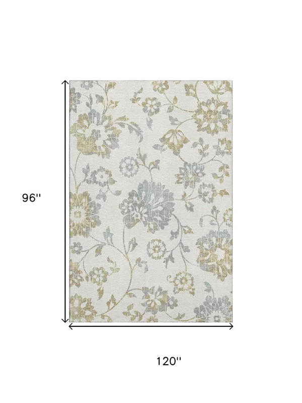 HomeRoots 8' X 10' Ivory Gray Gold Floral Area Rug - Washable, UV Resistant, Durable Design for High-Traffic Areas 667919