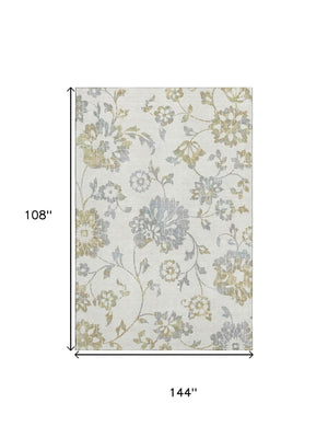 HomeRoots 9' X 12' Elegant Ivory Gray Gold Floral Area Rug - Washable, UV Protected, Perfect for Family Spaces! 667920